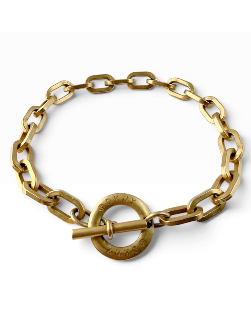 Vintage DKNY 2000s Logo Toggle Chunky Goldtone Oval Link Collar Necklace
